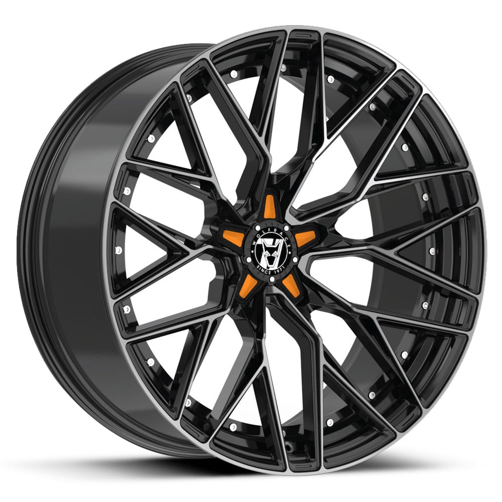 Wolfrace 71 Wolfsburg GTR Custom - Gloss Black with Polished Face + Orange Inserts