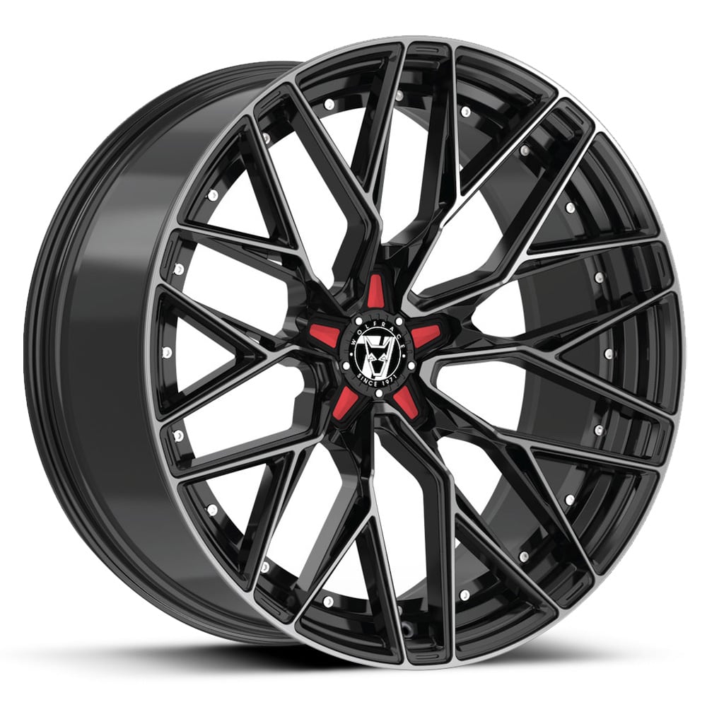 Wolfrace 71 Wolfsburg GTR Custom - Gloss Black with Polished Face + Red Inserts